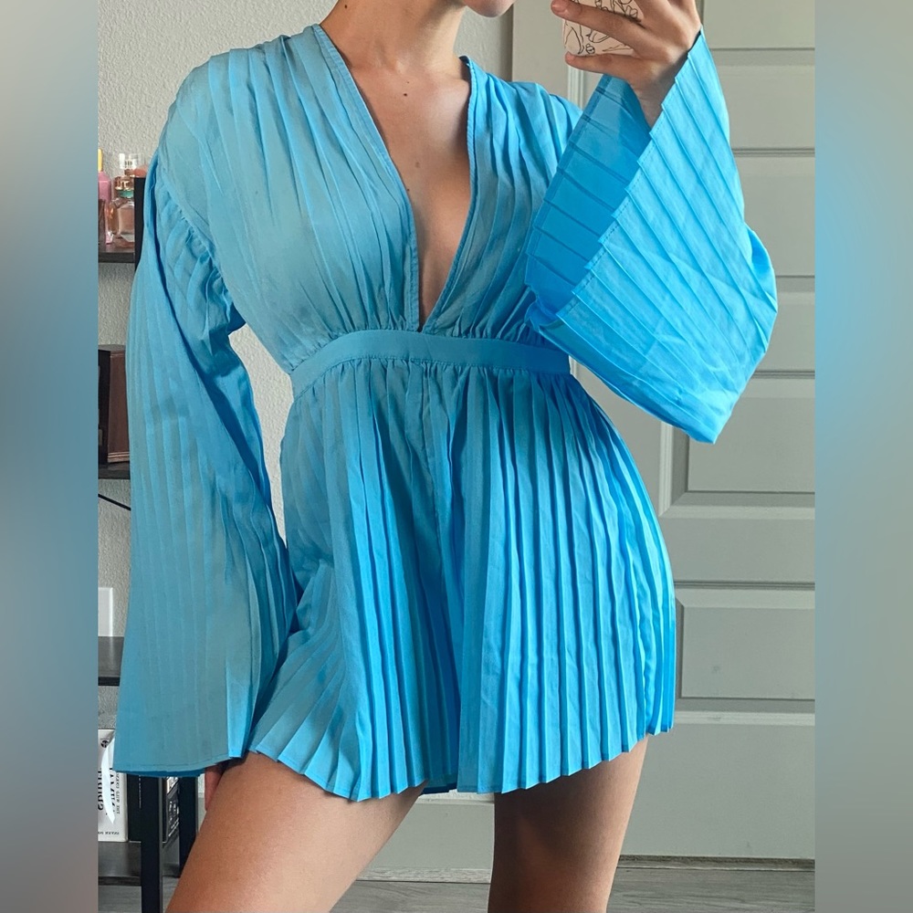 PLT Blue Pleated Plunge Playsuit